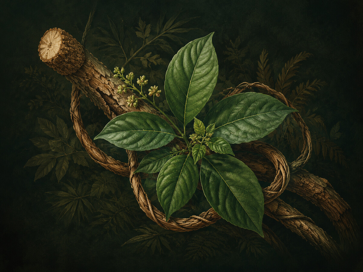 Ilustración botánica de la vid y hojas de Ayahuasca