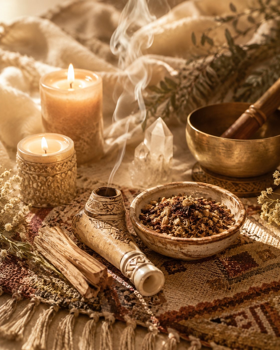 Altar cálido con mezcla herbal, vela, cuenco y humo suave para Changa.