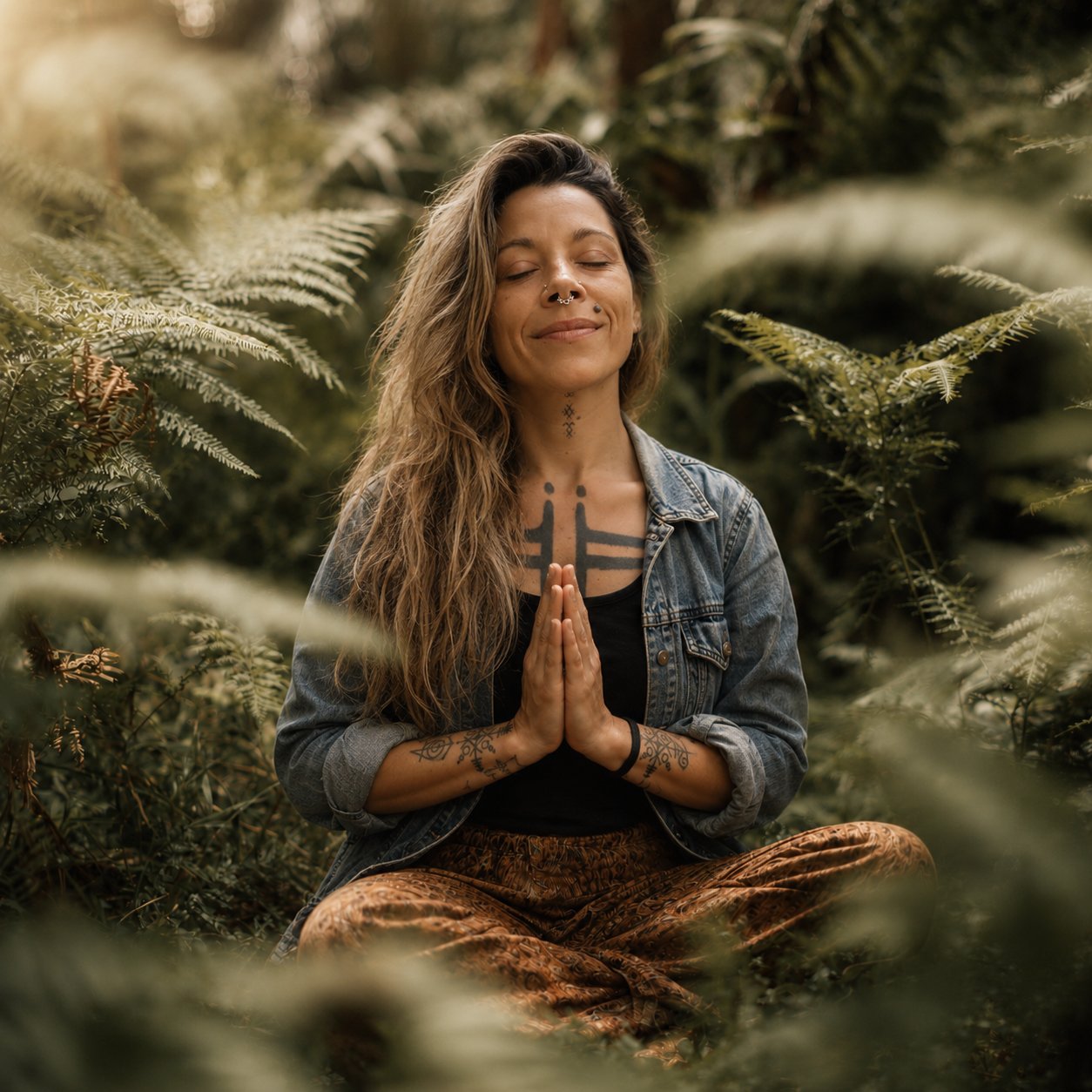 Inirama meditando en la naturaleza entre tonos verdes y luz cálida.