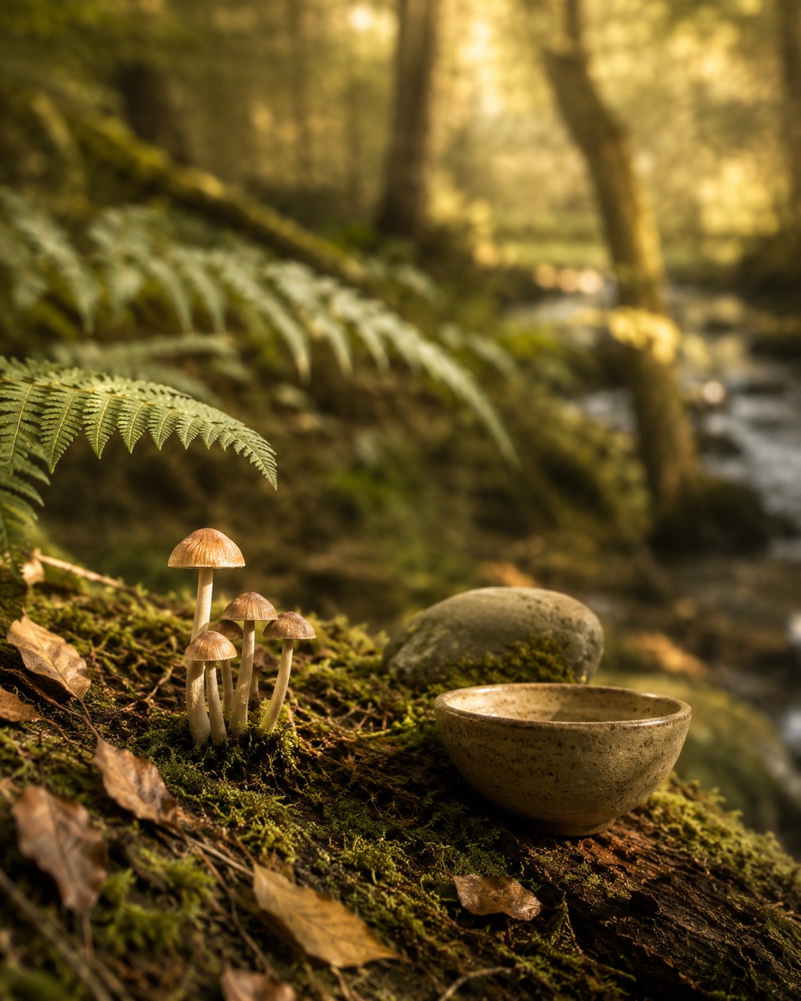 Hongos en un bosque dorado y húmedo, representando naturaleza e introspección.