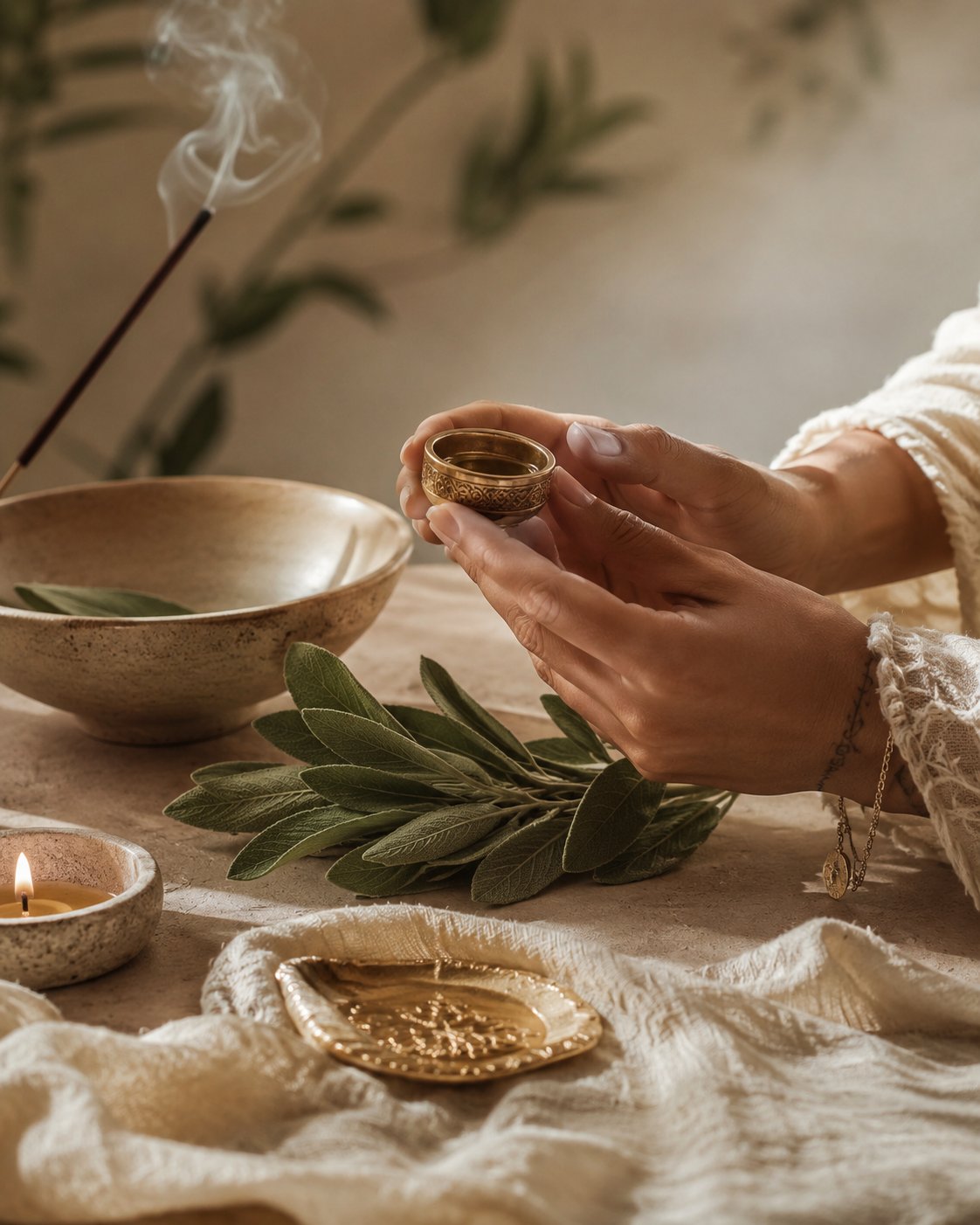 Ritual de claridad con pequeño cuenco dorado, incienso y hojas en luz cálida.